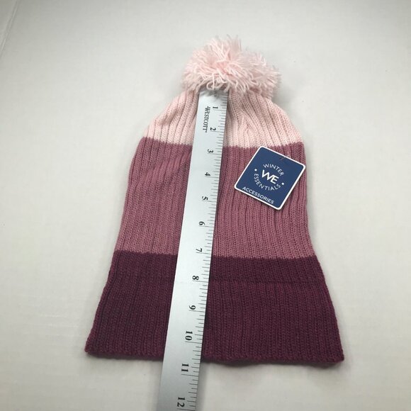 Winter Essentials Women's One Size Burgundy Stripes Knit Beanie Hat With Pom New - Picture 8 of 11